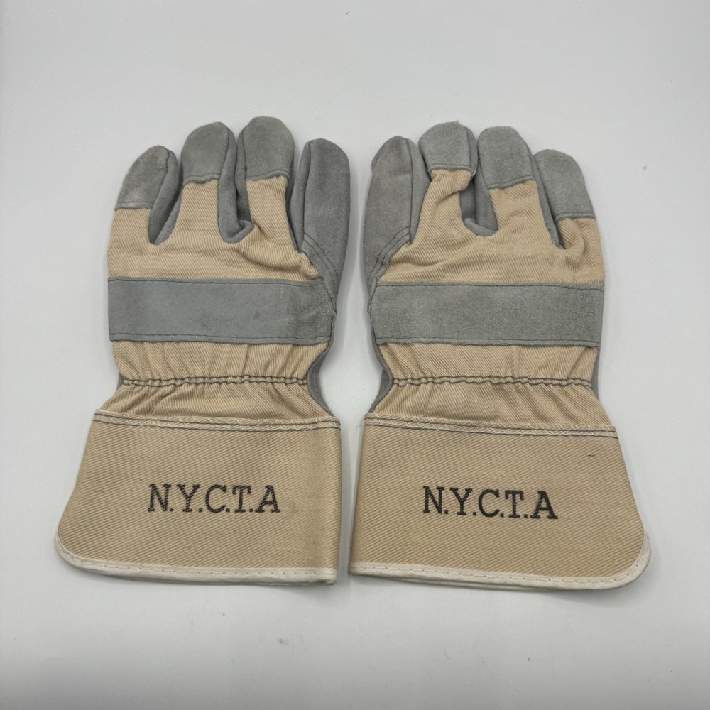 NYCTA Leather Cotton Work Gloves Gray Beige Large Utility Transit Workwear